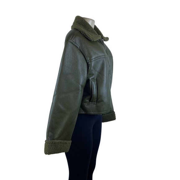 New Look Women's Olive Faux Leather Sherpa-Lined Jacket Warm Size L - New - Picture 2 of 9